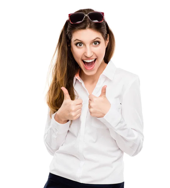 Całkowicie Poprawiłeś Swoją Grę Młoda Bizneswoman Dając Kciuki Górę Tle — Zdjęcie stockowe