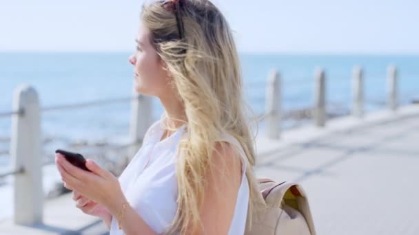 夏にケープタウンのシーポイントでの旅行休暇中の女性 海と海の写真 携帯電話の写真で自然を楽しむ女性旅行者とモバイル写真 — ストック動画