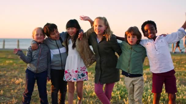 Çocuklar Grubu Çeşitlilik Parkta Kucaklaşır Gülümser Okul Gezisinde Sallar Yaz — Stok video