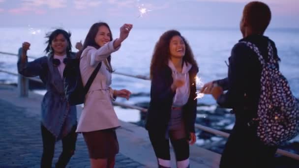 Święto Przyjaciół Plaża Ognie Zachód Słońca Przyjęcie Lub Szczęście Nowy — Wideo stockowe