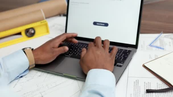Engineer Designing Blueprint Laptop Typing Design Ideas Layout Plan Online — Stok Video