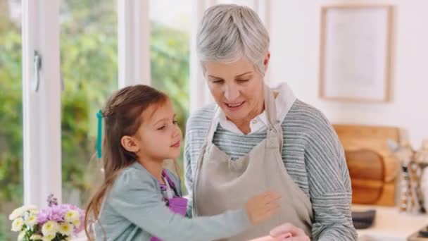 祖母和女孩抱着爱 同情或信任 同时在家里享受高质量的假期 上了年纪的 放松的或年幼的孩子在退休时抱着奶奶 在一起 — 图库视频影像