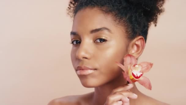 Gezicht Bloem Zwarte Vrouw Met Cosmetica Natuurlijke Schoonheid Een Gezonde — Stockvideo