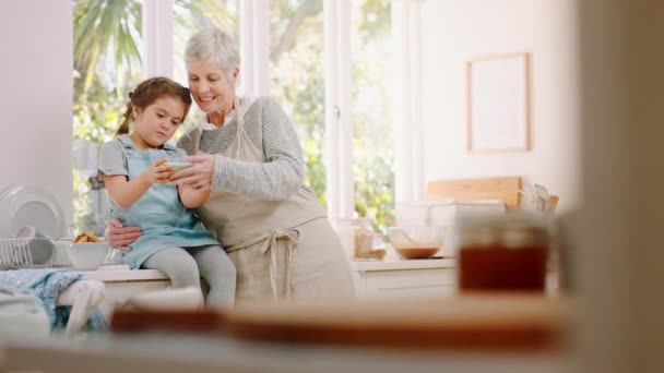 Család Videohívás Nagymama Gyermekkel Kommunikáció Sütés Konyhában Minőségi Idő Okostelefonnal — Stock videók