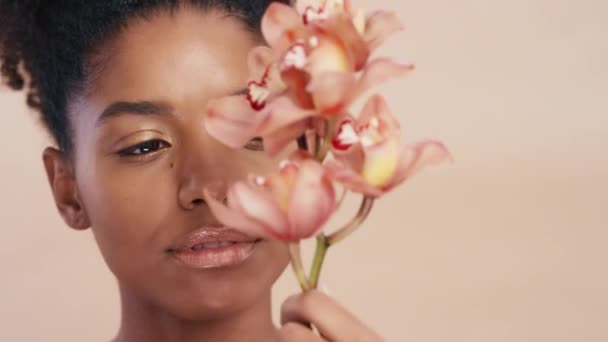 有機皮膚科 ビーガン化粧品や自己愛のピンクのスタジオの背景に花と黒の女性 顔や肌の輝き 自然のウェルネスで蘭の植物とズーム 美容モデルや顔のメイク — ストック動画