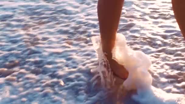 ビーチでの旅行 女性の足は 日没時に水の中で静かな休日の散歩レジャーのために 自然の中でリラックスした休暇のための海の楽園で裸足の女の子の自由 休暇とウェルネス — ストック動画