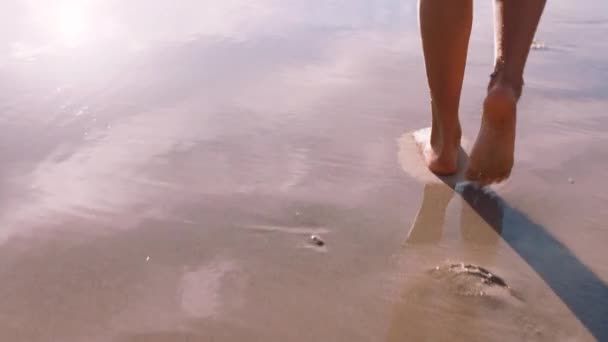 ビーチで女性のリラックス 砂と足を自由 夏休み 熱帯休暇のために 旅の目的地 海岸線を歩く女の子との平和 足跡や海外旅行 — ストック動画
