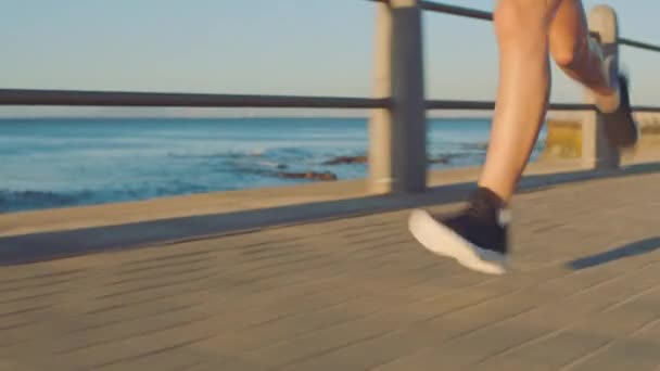 Legs Woman Running Speed Beach Promenade Energy Shoes Wellness Closeup — Stock Video