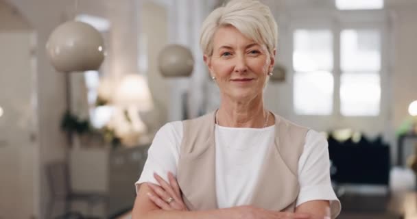 Elderly Woman Face Smile Arms Crossed Corporate Leadership Management Vision — Stock Video