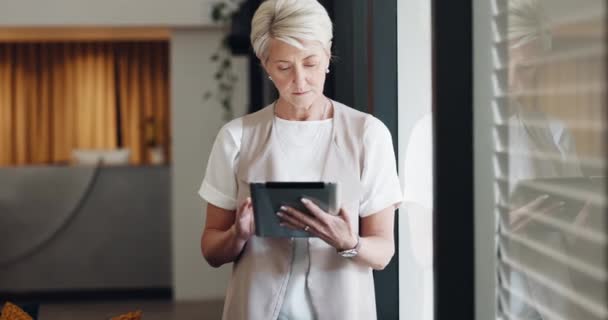 Mature Business Woman Tablet Window Thinking Digital Marketing Ideas Advertising — Stock Video