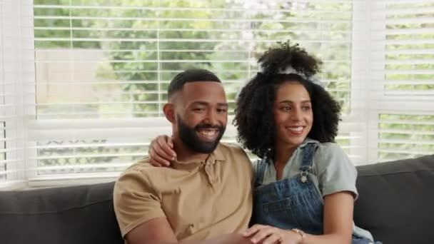 Couple Hug Forehead Kiss Sofa Relax House Home Living Room — Stock Video