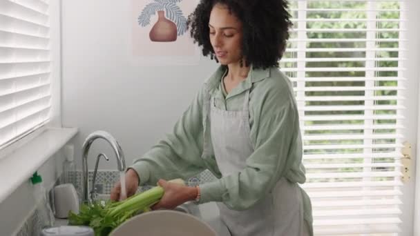Pareja Negra Unión Limpieza Verduras Agua Fregadero Cocina Mientras Habla — Vídeo de stock
