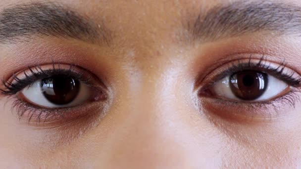 Mulher Negra Rosto Pele Olhos Castanhos Visão Ideias Inovação Confiança — Vídeo de Stock