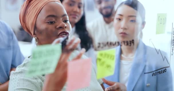 プロジェクト管理と粘着ノートの計画 トレーニングやスケジュール戦略を持つビジネスの人々 解決策 コーチング およびアイデア 会社の目標とビジョンについて従業員と話す黒人女性 — ストック動画