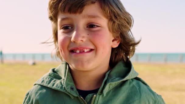 Garçon Enfant Parc Visage Avec Les Mains Célébration Poing Sourire — Video
