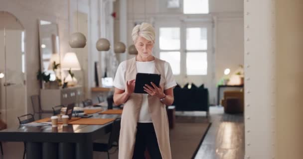 Senior Mulher Tablet Para Uma Agência Criativa Com Chefe Ceo — Vídeo de Stock