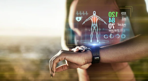 Fitness hands, smart watch or future data on healthcare workout, body training or exercise heart rate in sunset nature. Runner zoom, sports or black woman on time technology, 3d scan or abstract app.