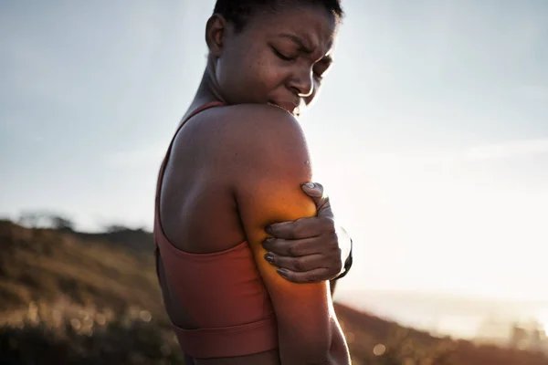 Femme Noire Forme Physique Sportive Douleur Bras Après Accident Exercice — Photo