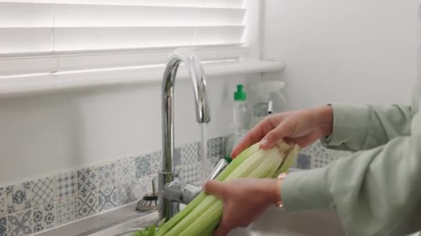 Casal Cozinhar Limpar Legumes Comida Saudável Aipo Cozinha Para Almoço — Vídeo de Stock