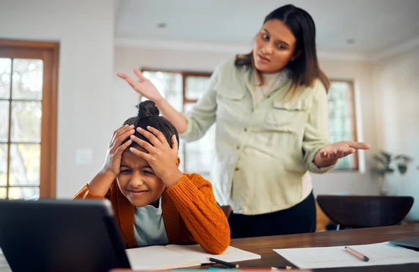 Education, fail and children with a student girl and indian woman looking confused or in doubt while distance learning. Autism, student or internet with a female pupil elearning at home with a parent.