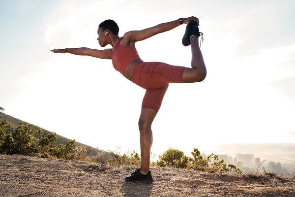 Yoga Étirement Fitness Formation Femme Noire Pour Santé Exercice Course — Photo