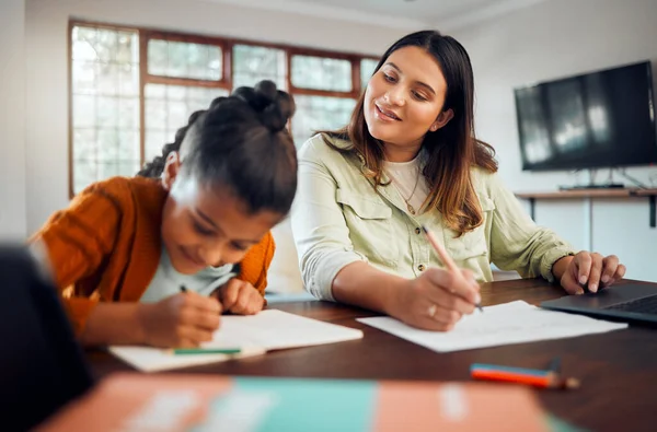 Education, mother and remote work with child, help with school and teaching with learning, student and homework at family home. Girl writing, notebook and scholarship, learn with freelance woman.