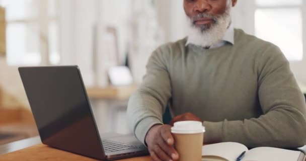 Black Man Laptop Coffee Remote Work Freelancer While Thinking Planning — Stock Video