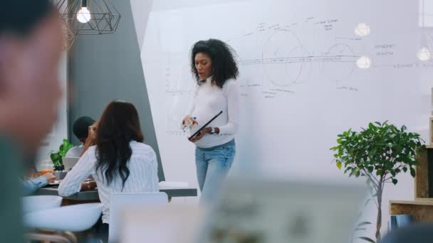Анализ Данных Презентация Черная Женщина Планшетом Совещании Планирования Инноваций Творческих — стоковое видео