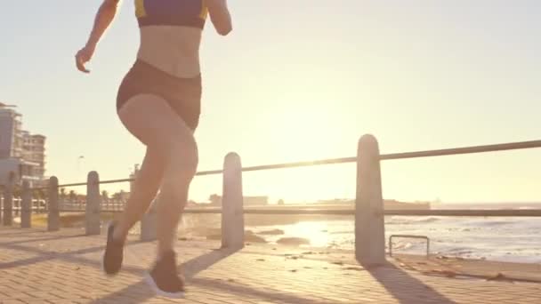 Running Asian Beach Woman City Sidewalk Lens Flare Nature Training — Stock Video