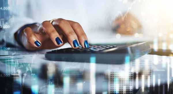 Black woman, hands and calculator for stock market hologram, forex trading and business accounting. Closeup accountant, graphic overlay and finance investment, data analytics and future budget review.