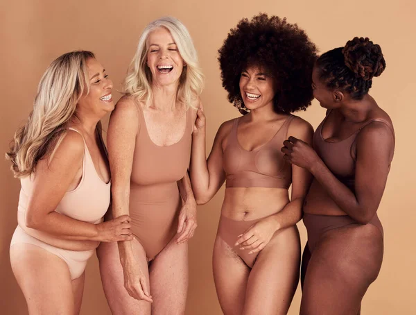 stock image Beauty, diversity group and body positive women, girl or people happy together in solidarity, support and self love. Woman empowerment, pride and underwear friends confident with their shape size.