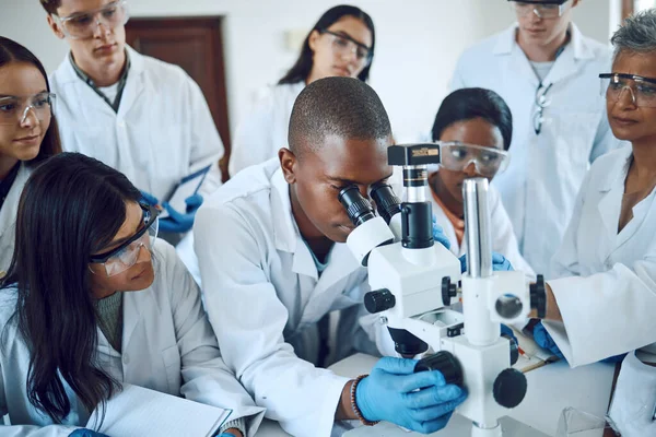 Teamwork, collaboration and group of scientists with microscope for experiment. Science, laboratory and team of people or doctors with books and equipment for medical research, analysis and testing