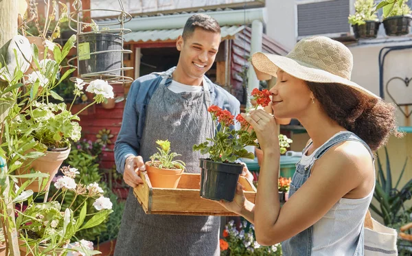 Gardening, flowers and smelling with a black couple working together in a garden or plant nursery as a florist team. Spring, nature and scent with a man and woman at work for sustainability or growth.