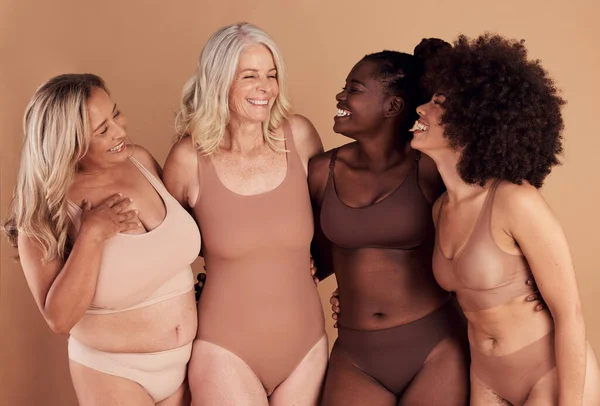 Body, different and diversity with underwear, women with fitness and beauty, equality and inclusivity with body positive and empowerment. Happy, age and wellness with motivation, health and skin