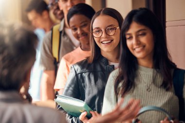 Diversity, students and happy for education, standing in corridor ready for learning in college classroom. University, success support and career development or happy mindset in building hallway. clipart