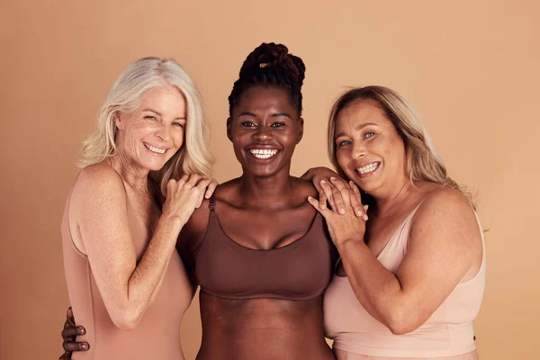 Beauty, diversity and body positive with portrait of women in lingerie for support, empowerment and generations. Confidence, plus size and self love with models in bikini for community and natural.