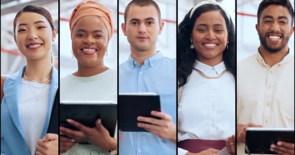 Collage Vielfalt Und Glückliche Geschäftsleute Mit Tablet Technologie Datenanalyse Und — Stockvideo