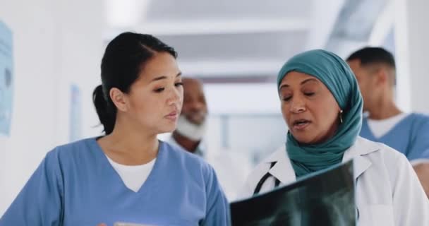 Médicos Radiografías Mujeres Que Caminan Hospital Clínica Planificación Salud Consultoría — Vídeos de Stock