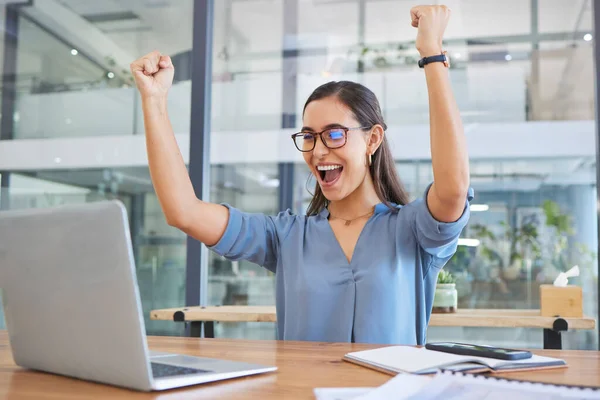 Win, success and business woman with a laptop for trading, good news and happy email in the office. Stock market goal, excited celebration and employee reading achievement on pc with a smile.