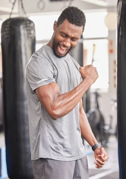 Fitness, gym and excited black man with muscle after workout, bodybuilder training and boxing exercise. Sports, power and strong male athlete flex biceps for muscular body, goals and achievement.