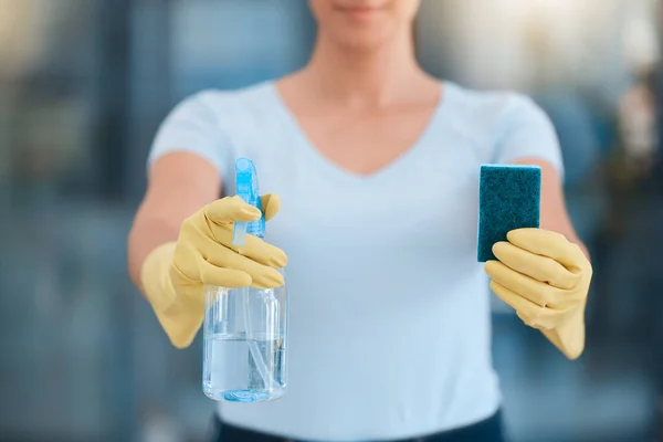 cleaner hands, spray and sponge for cleaning in office for business safety, healthcare and clean bacteria or dust. Cleaning products, maintenance and maid cleaning service with disinfection chemicals.