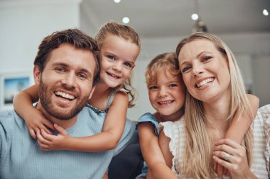 Family, happy portrait and relax together in home for quality time, relationship bonding and support in family home. Love, care and children hugging parents for happiness or smile in living room. clipart