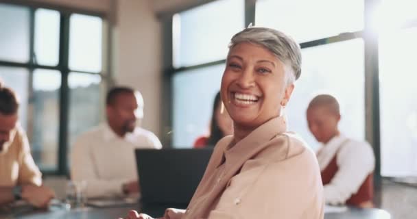 Rostro Senior Mujer Negocios Reunión Con Equipo Para Colaboración Planificación — Vídeos de Stock