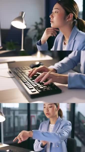 Asyalı Kadını Gece Ofisinde Akıllı Saati Bilgisayar Klavyesi Dijital Pazarlama — Stok video