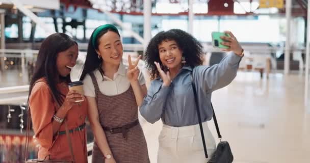Selfie Shopping Center Mulheres Amigos Nas Mídias Sociais Foto Perfil — Vídeo de Stock