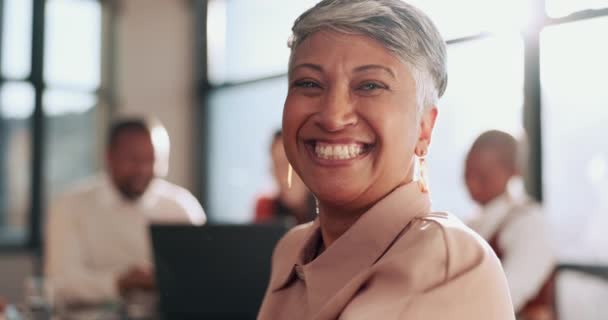 女性或高级经理在面对营销目标成功或达到Kpi目标时面带微笑 领导艺术 肖像画或滑稽的商业女性 独自在办公室里骄傲地大笑 — 图库视频影像