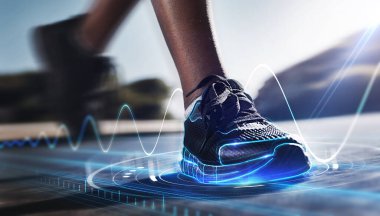 Hologram, shoes and sports for fitness, run and speed for health tracking outdoor. Future, sneakers and graphics for workout, exercise and balance for routine, training for marathon and wellness clipart