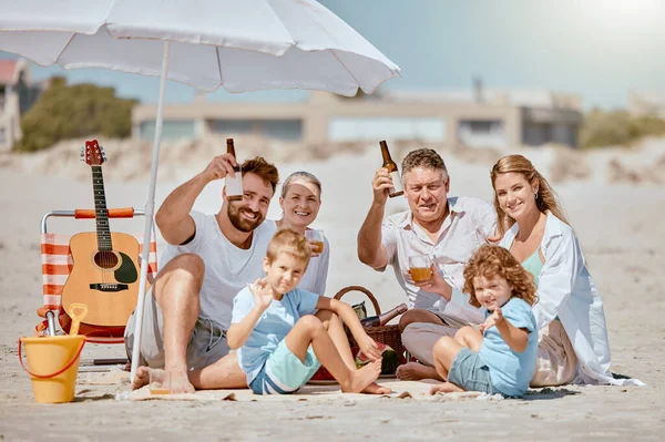 Love, family and beach for vacation, relax and spend quality time on sand, bonding or loving together. Grandparents, mother and father cheers with children, seaside or travelling for holiday or drink.