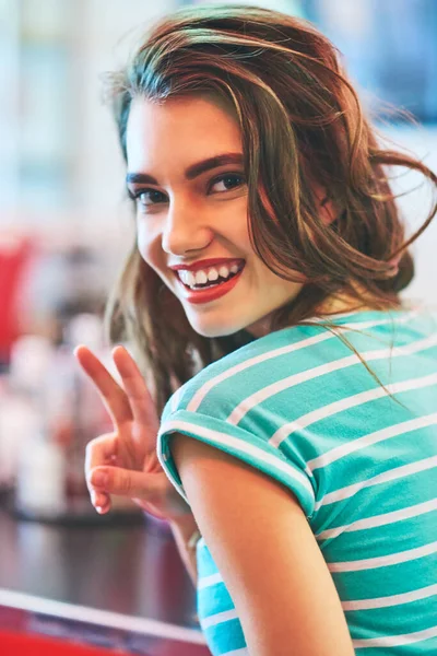 Type Peace Beautiful Young Woman Diner — Stock Photo, Image