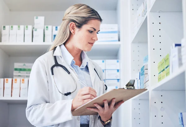 Inventory checklist, pharmacist and woman in pharmacy recording quantity of medication. Healthcare, wellness or female medical physician writing on clipboard, counting stock or medicine in drug store.
